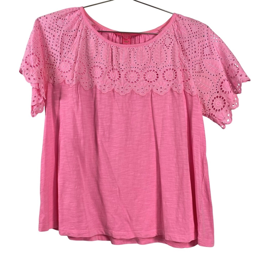 Lilly Pulitzer Shirt Womens Small Pink Eyelet Lace Yoke Short Sleeve‎ Cotton